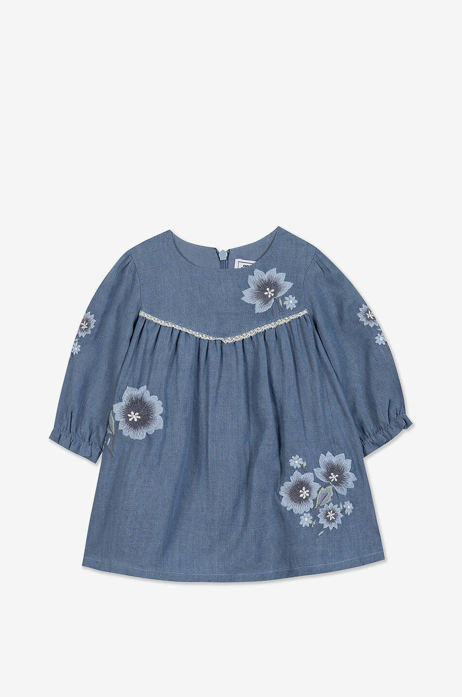 Flower embroidered chambray baby dress
