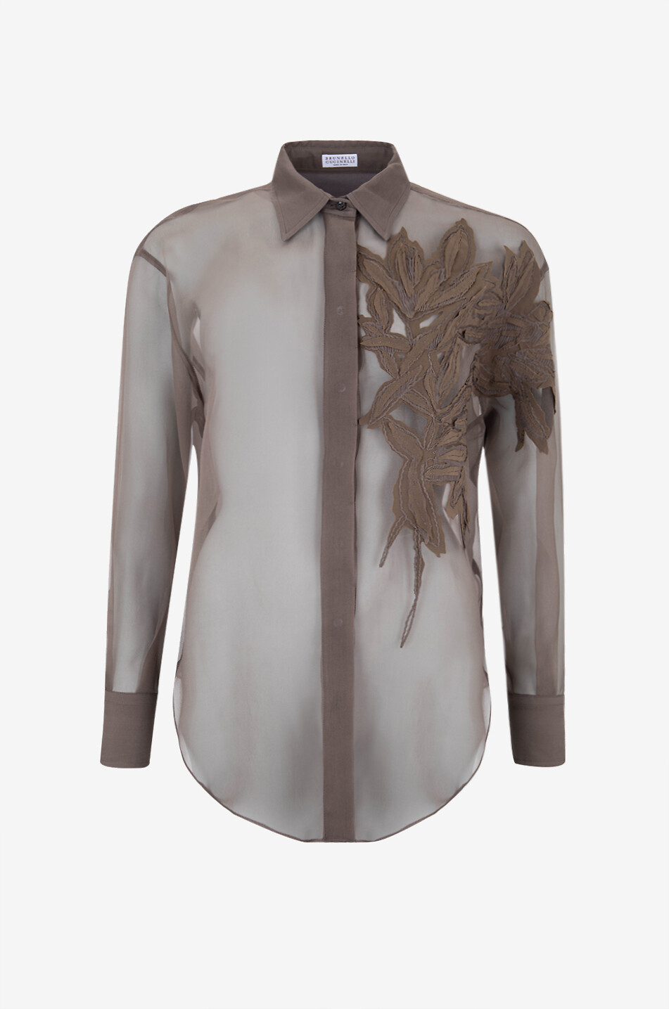 BRUNELLO CUCINELLI Chemise en organza de soie brodée Flora Femme MARRON FONCÉ 1