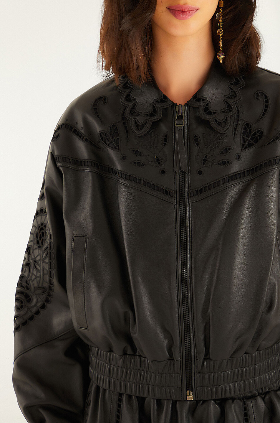 FARM RIO Veste courte en cuir à broderies anglaises Femme NOIR 5