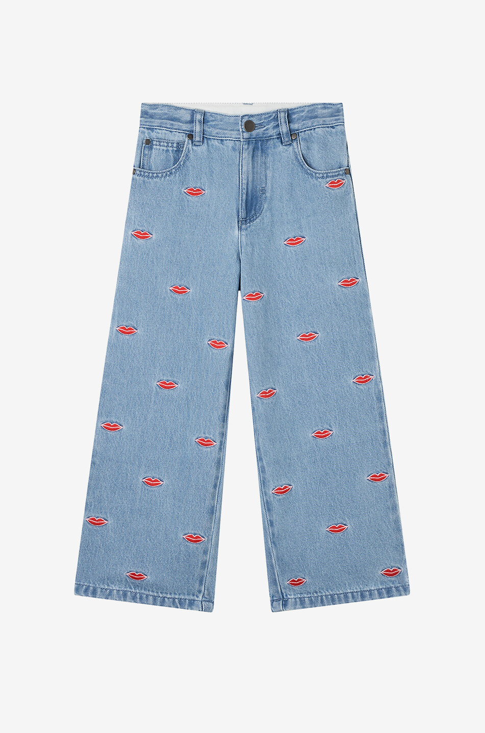 Lips embroidered girls' light-washed wide-leg jeans