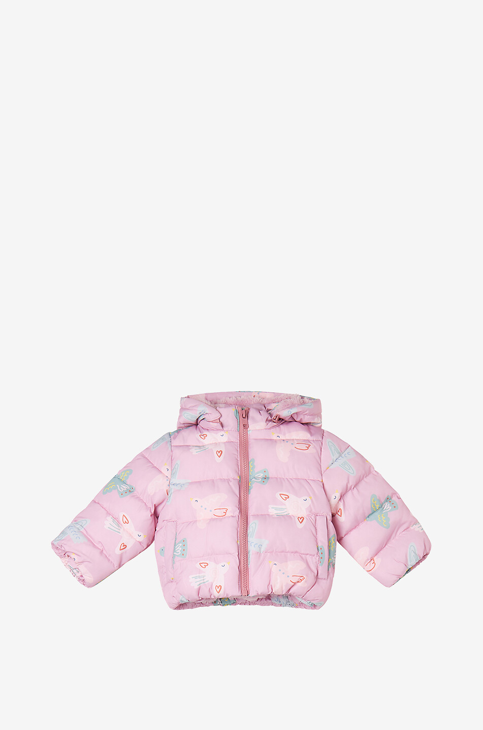 STELLA McCARTNEY KID Kurze Steppjacke mit Vogeldruck Pelzkragen Baby Baby ROSA 1