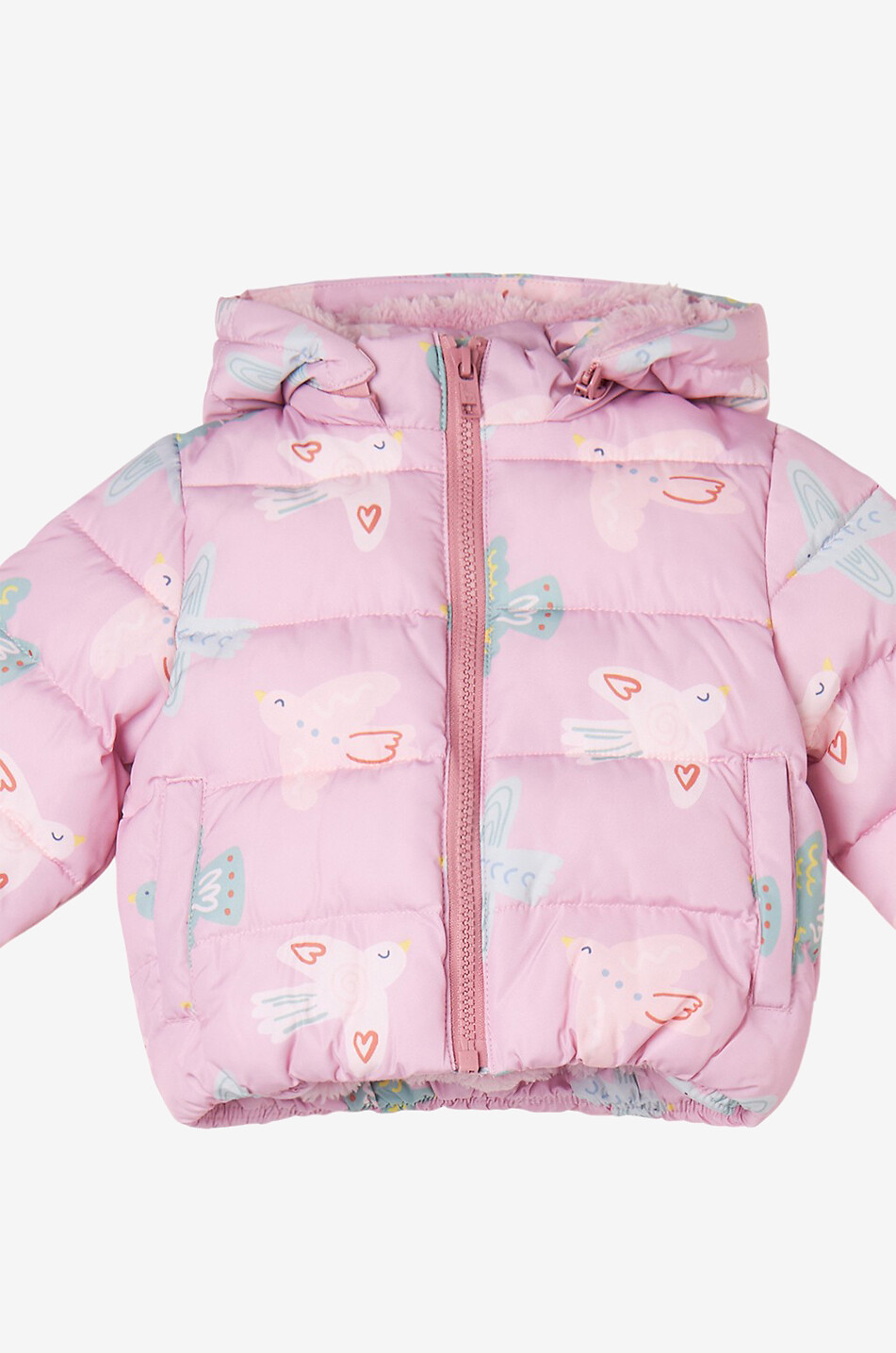 STELLA McCARTNEY KID Kurze Steppjacke mit Vogeldruck Pelzkragen Baby Baby ROSA 2