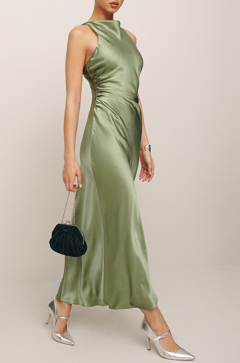 REFORMATION Casette Artichoke long silk satin dress Women GREEN 5
