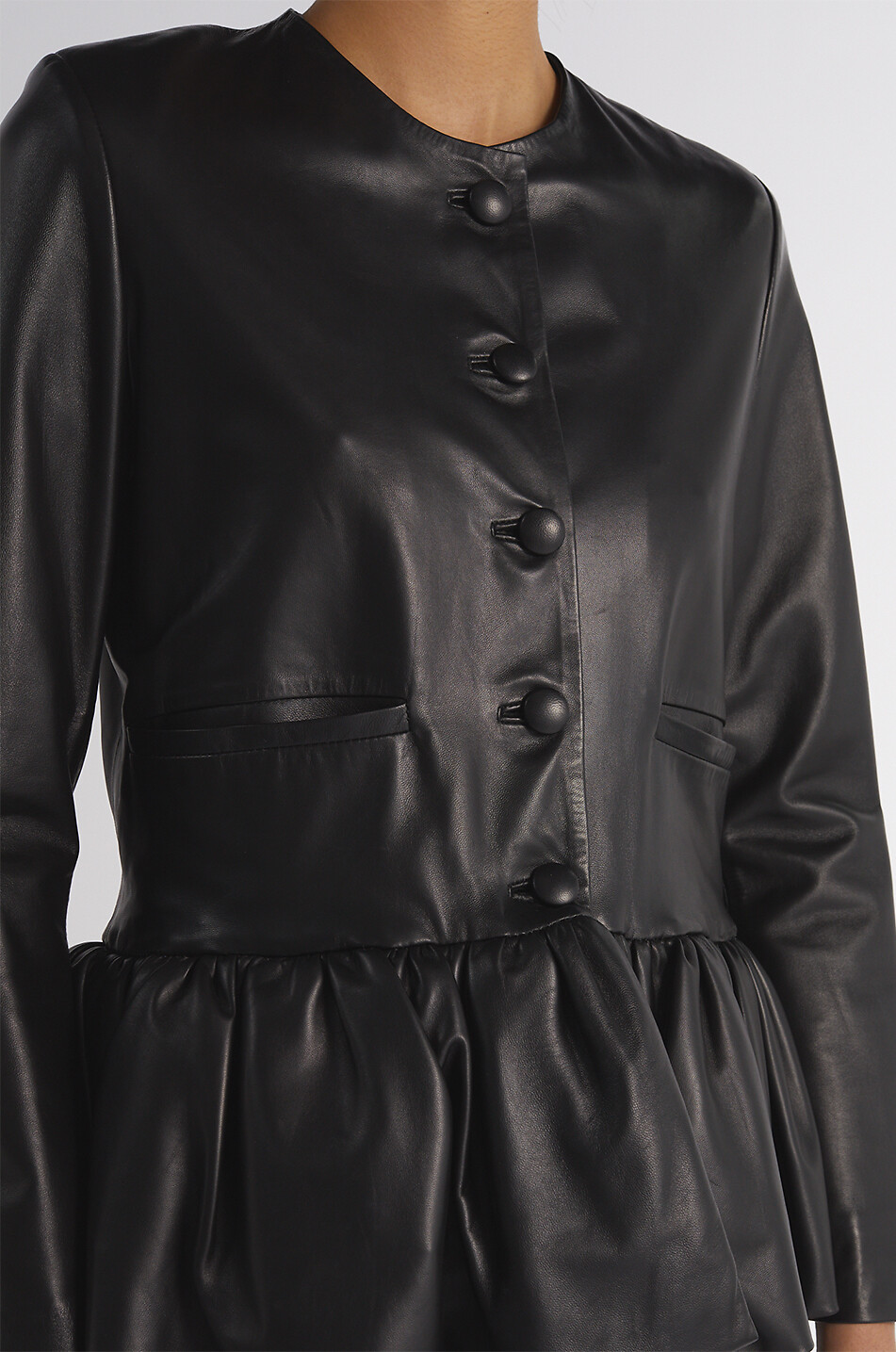LIBEROWE Veste courte en cuir à col rond Peplum Femme NOIR 3