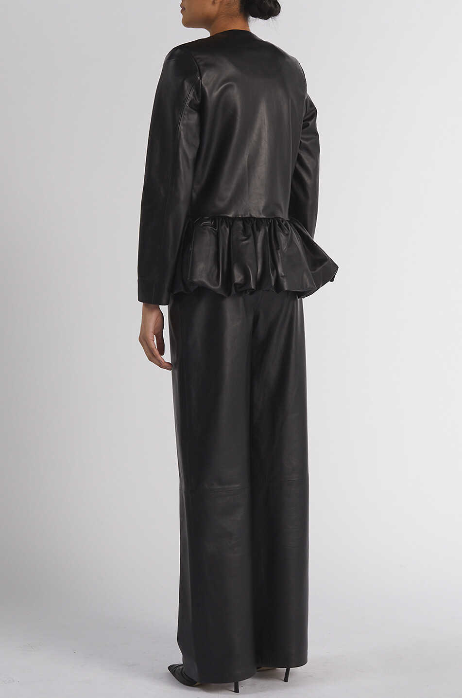 LIBEROWE Veste courte en cuir à col rond Peplum Femme NOIR 4