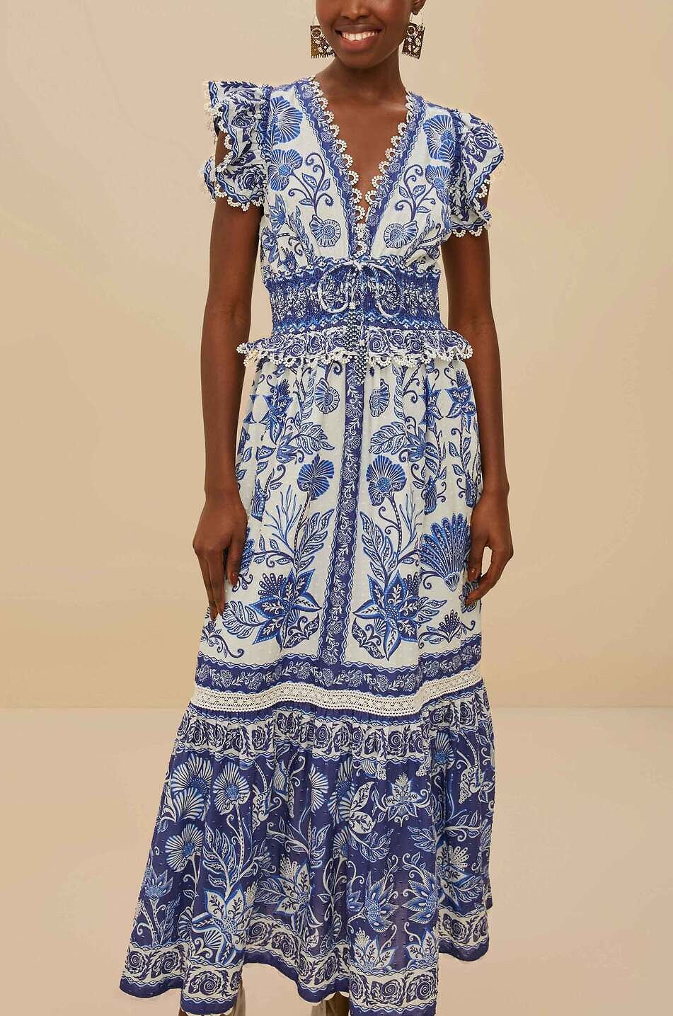 samilla midi dress Samira Cobalt Print Frill Sleeve Midi Dress – Girl In Mind