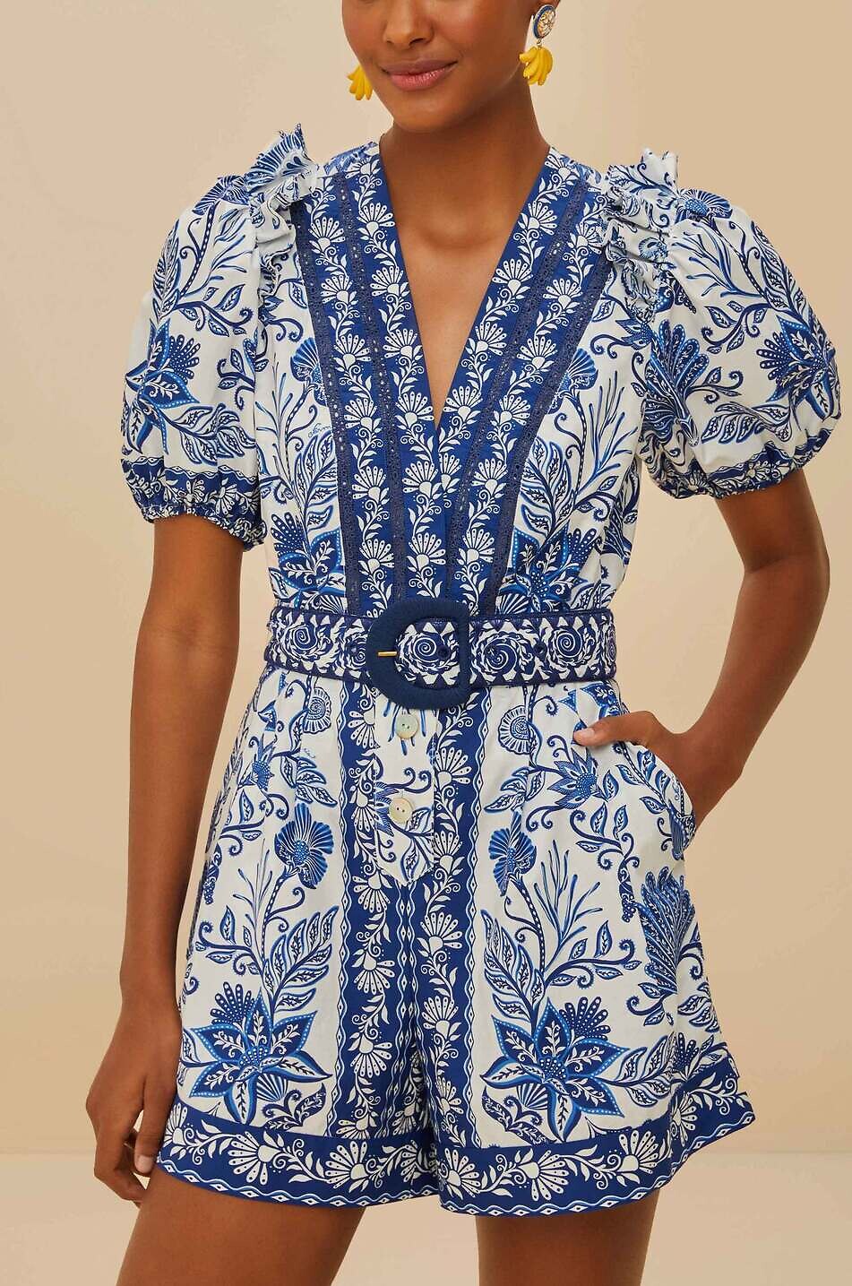 FARM RIO Shell Garden printed poplin playsuit Women BLUE 4