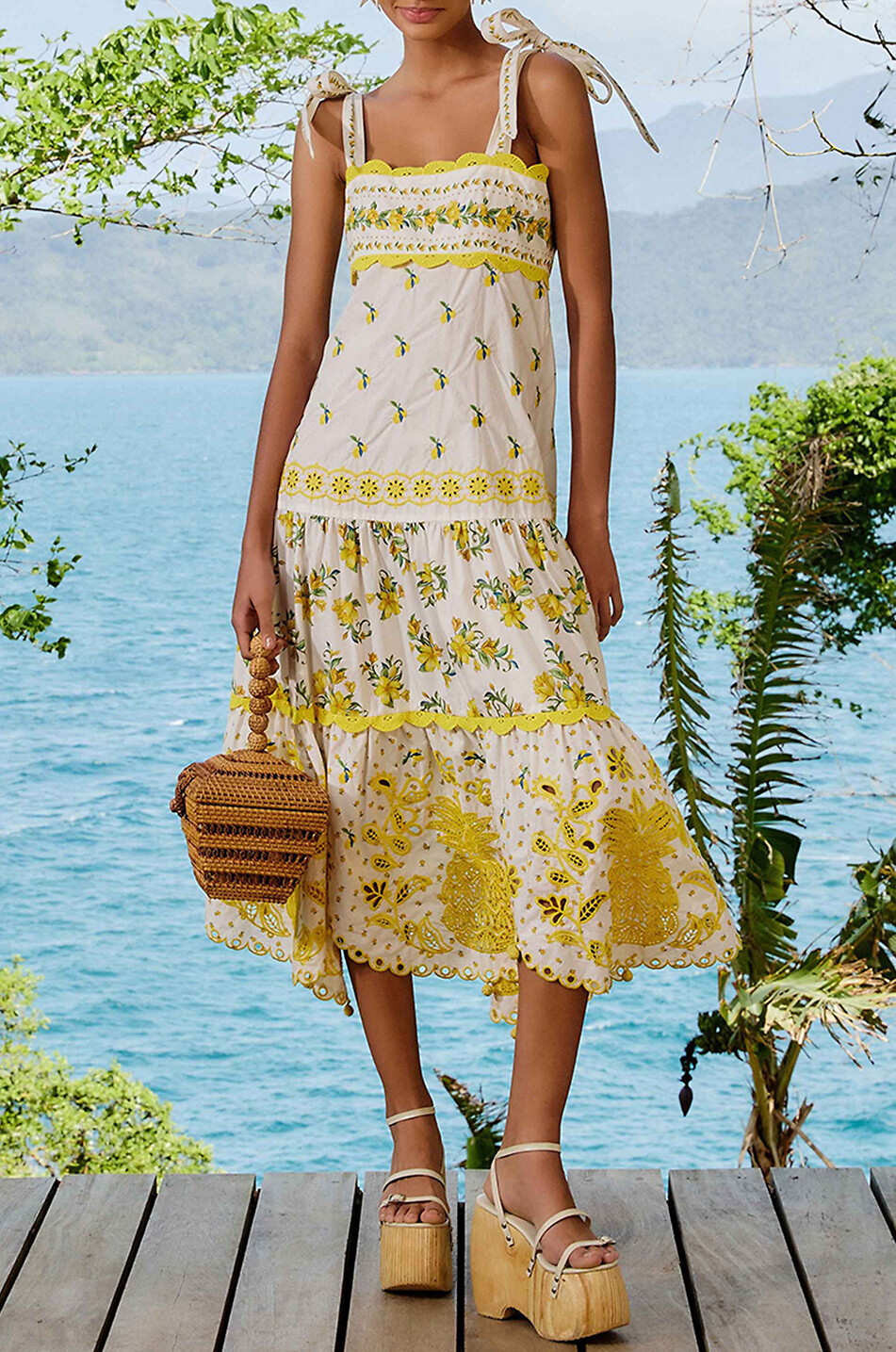 FARM RIO Sicily midi strappy dress in poplin and lace Women YELLOW 3