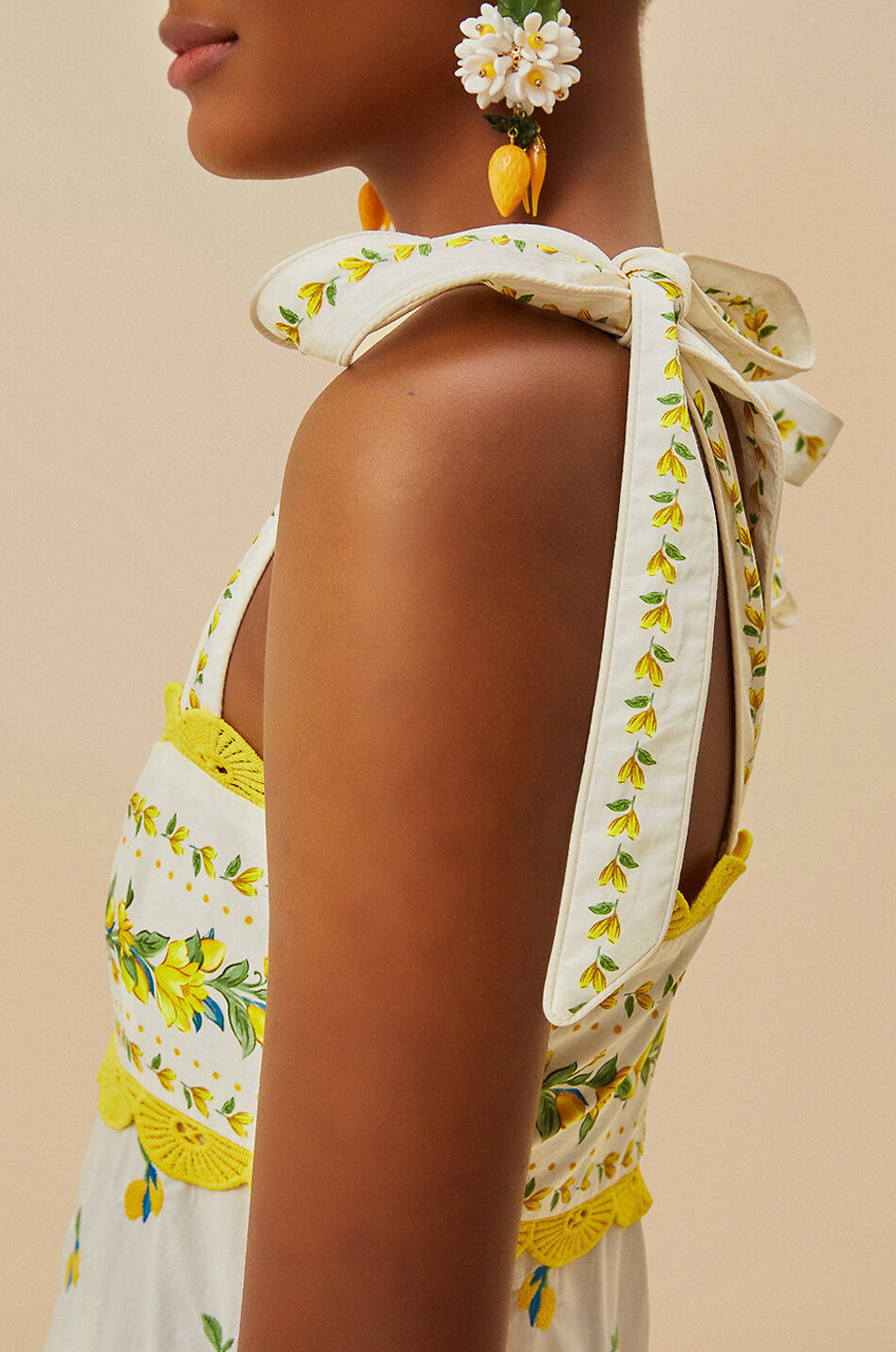 FARM RIO Sicily midi strappy dress in poplin and lace Women YELLOW 4