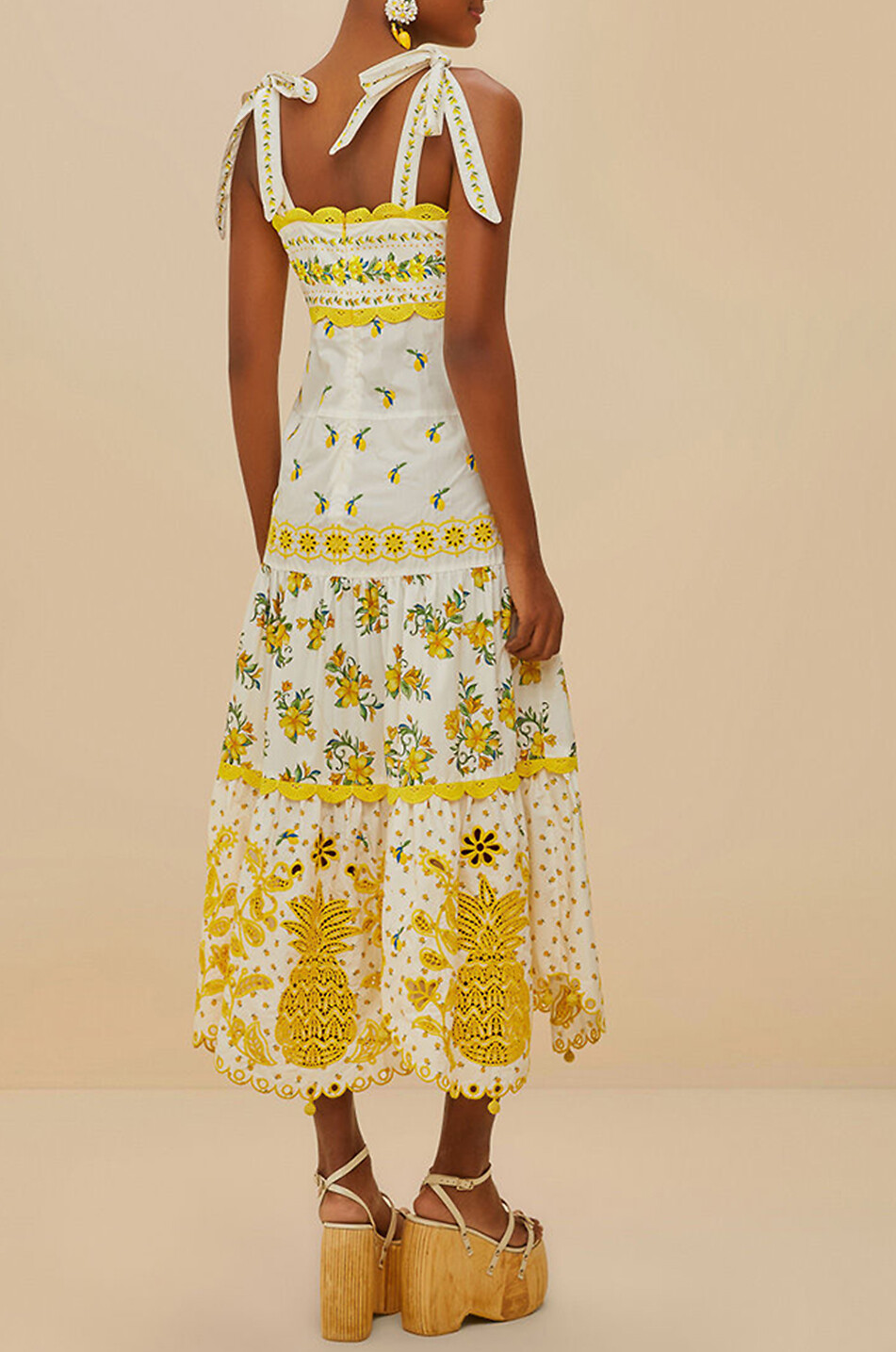 FARM RIO Sicily midi strappy dress in poplin and lace Women YELLOW 5