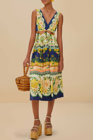 farm rio cross-stitch richelieu linen blend dress Farm Rio Cross Stitch Sunflower Richelieu Lenzing Ecovero Euroflax Midi Dress - Black