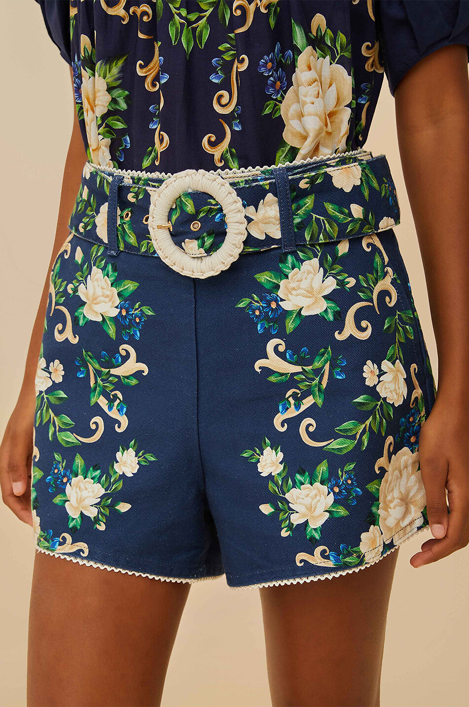 FARM RIO Flower Tapestry cotton shorts Women DARK BLUE 3