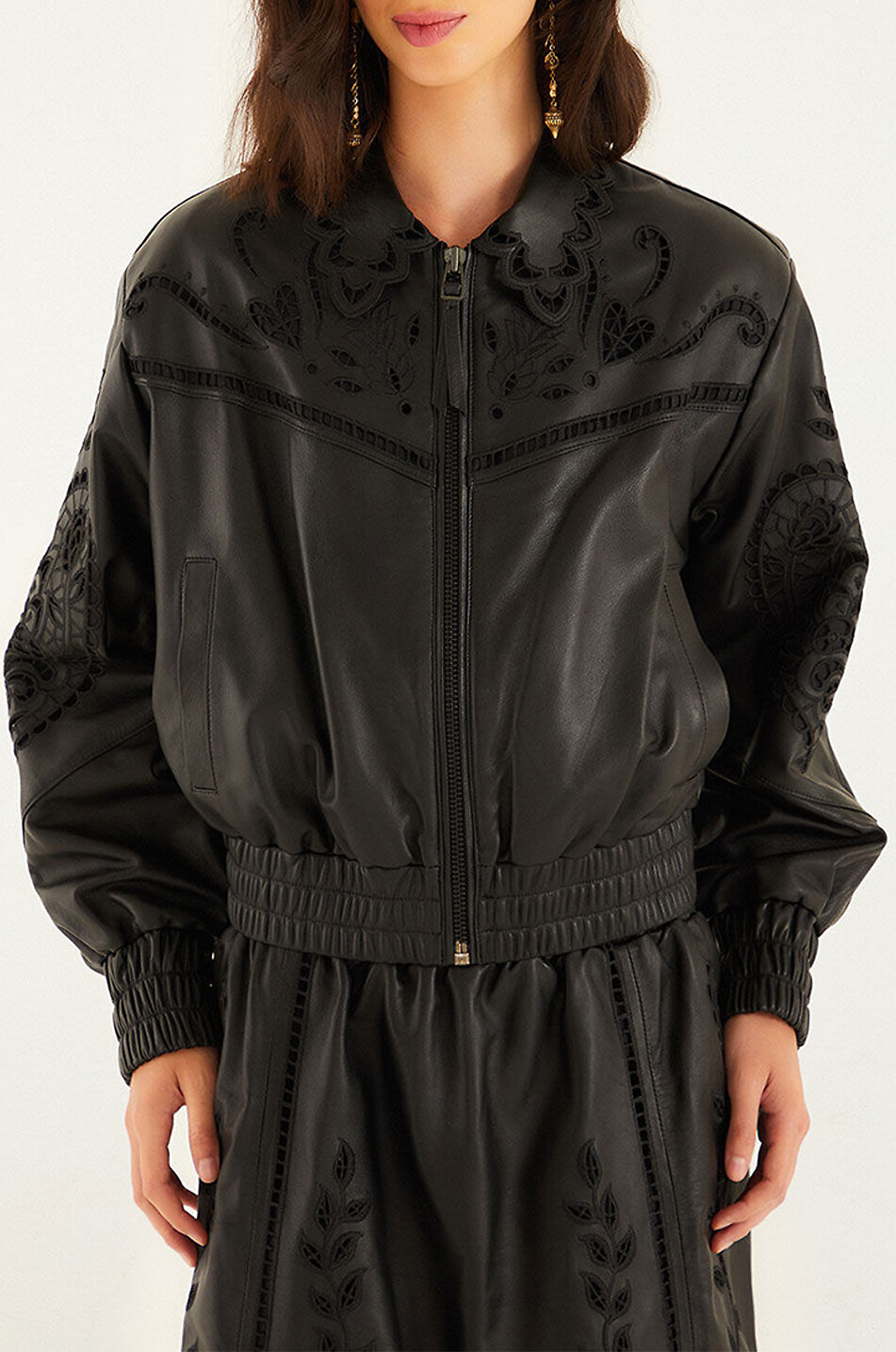 FARM RIO Veste courte en cuir à broderies anglaises Femme NOIR 6
