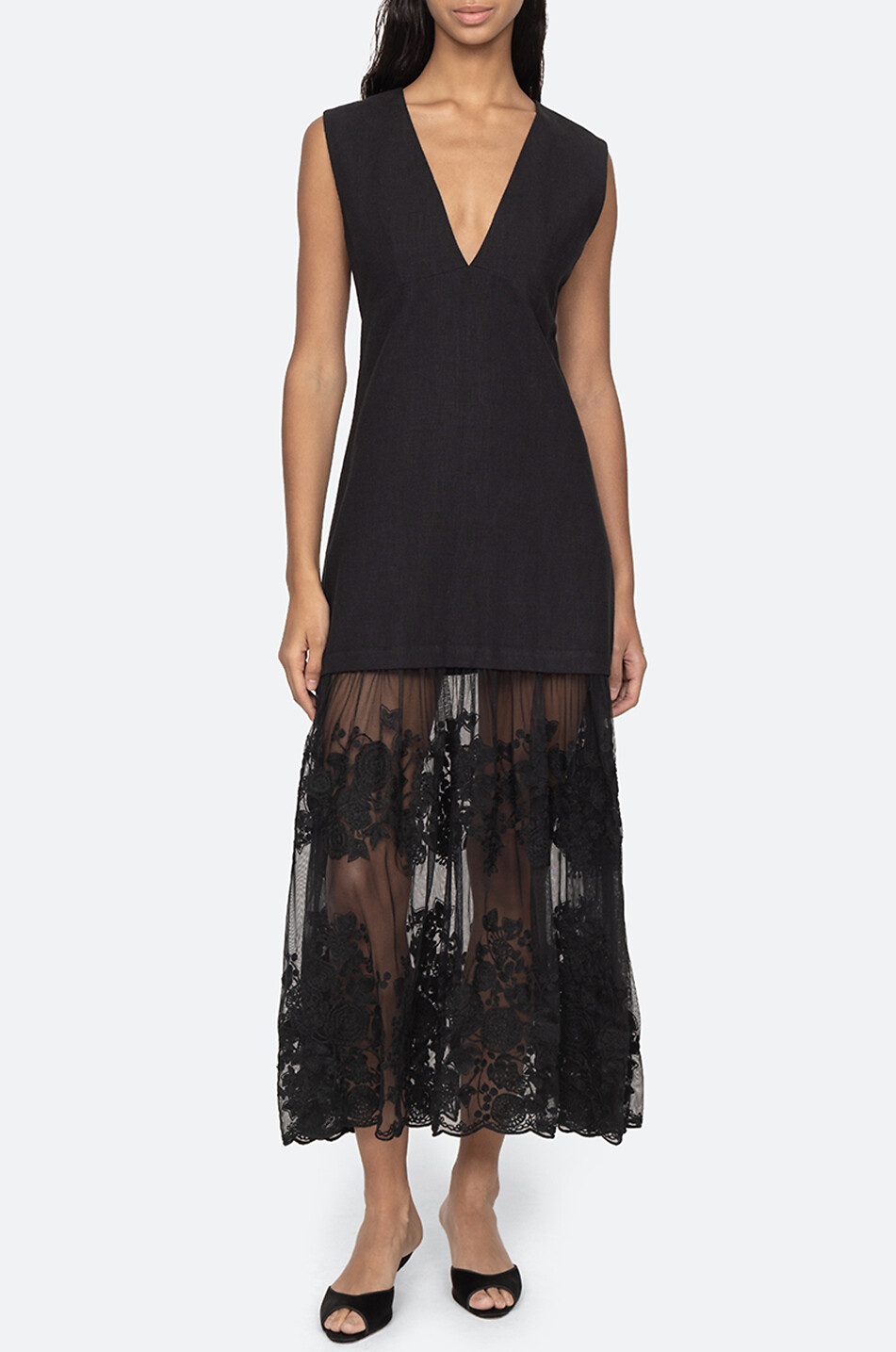 SEA Arielle linen and cotton long dress Women BLACK 3
