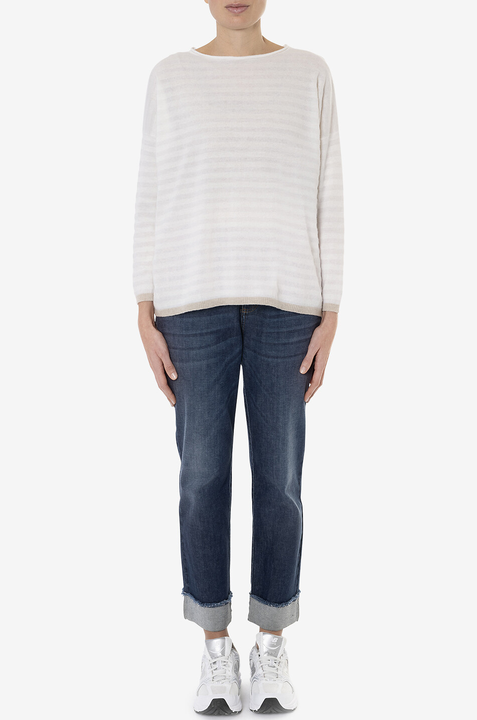 YC MILANO Pull à col rond en maille rayée Femme BLANC CASSE 3