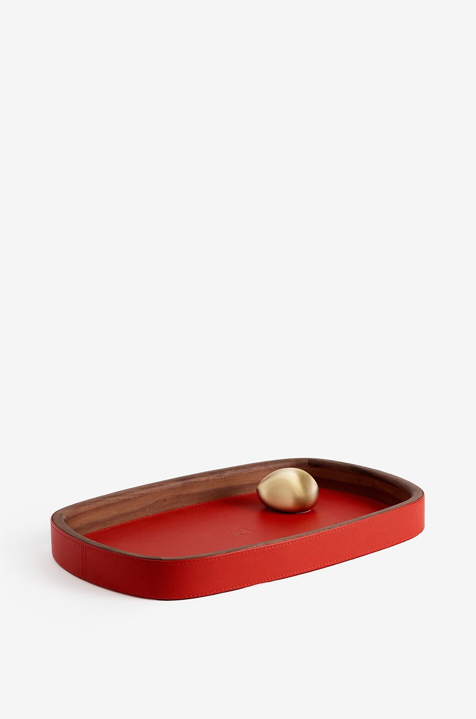 Pebble walnut wood and leather accessory tray