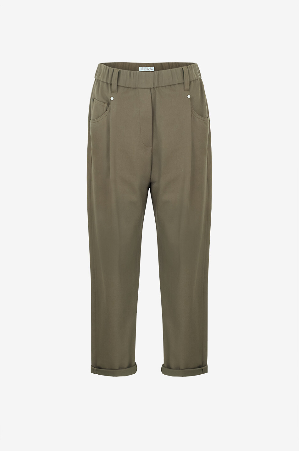 Cotton twill carrot trousers with elasticated waistband - BRUNELLO