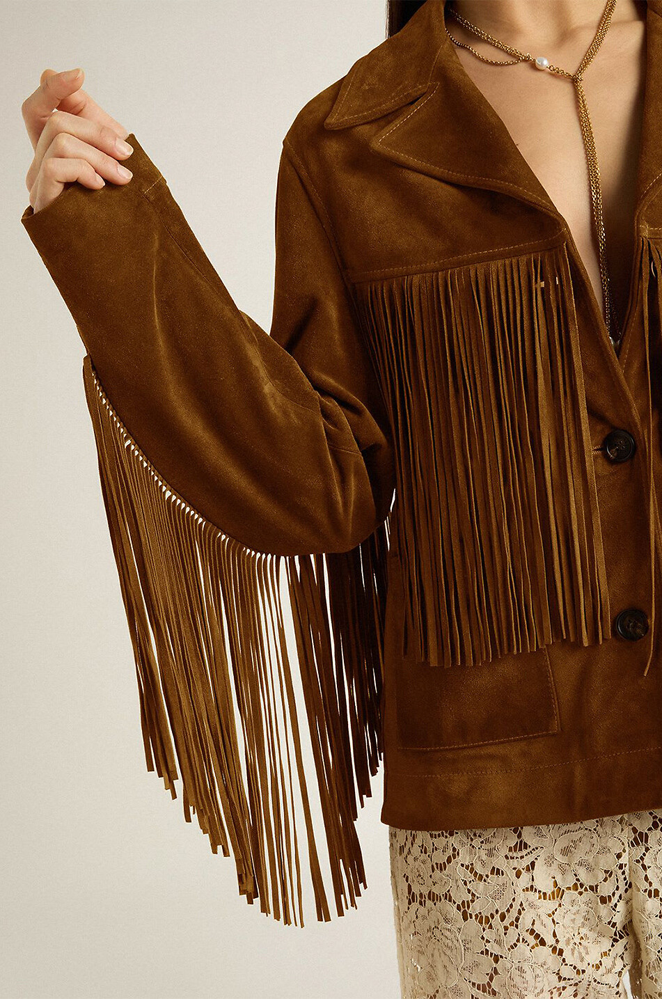 GOLDEN GOOSE Gefranste Boxy-Jacke aus Wildleder Olinda Damen BRAUN 4