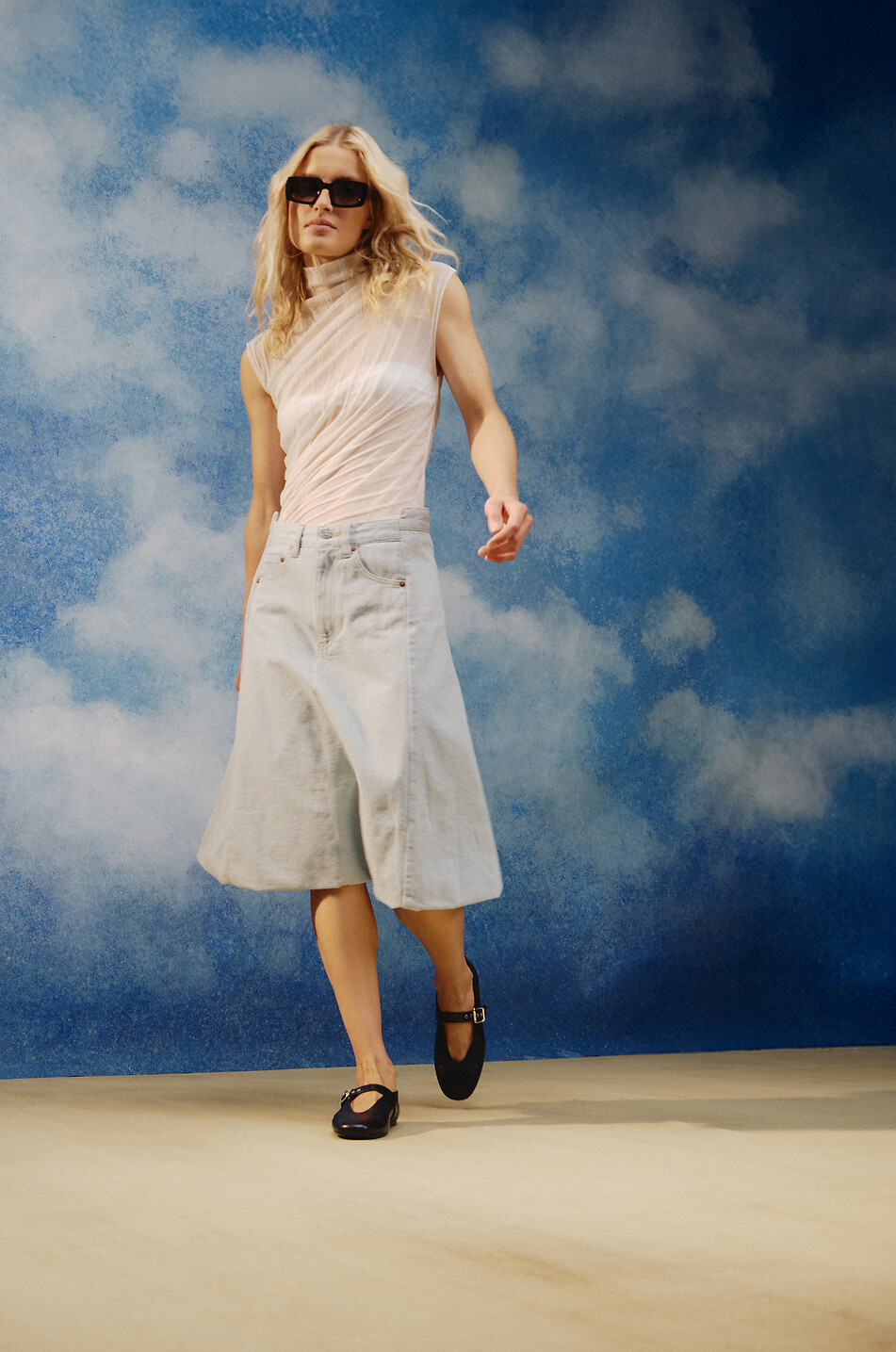 VICTORIA BECKHAM Jupe mi-longue en denim à ourlet ballon Light Azul Femme BLEU CLAIR 3