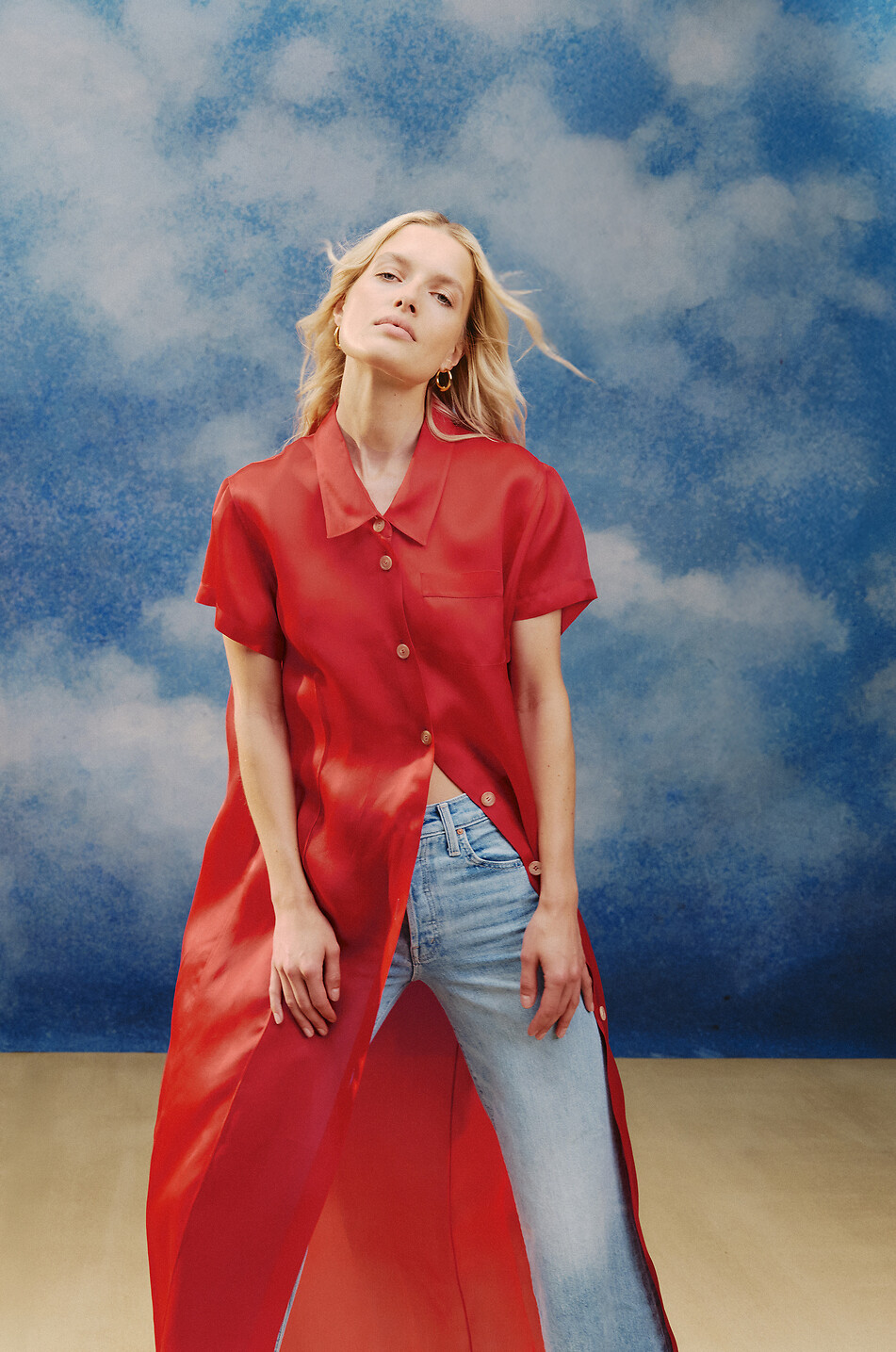 KHAITE Effy straight long organza shirt dress Women RED 3