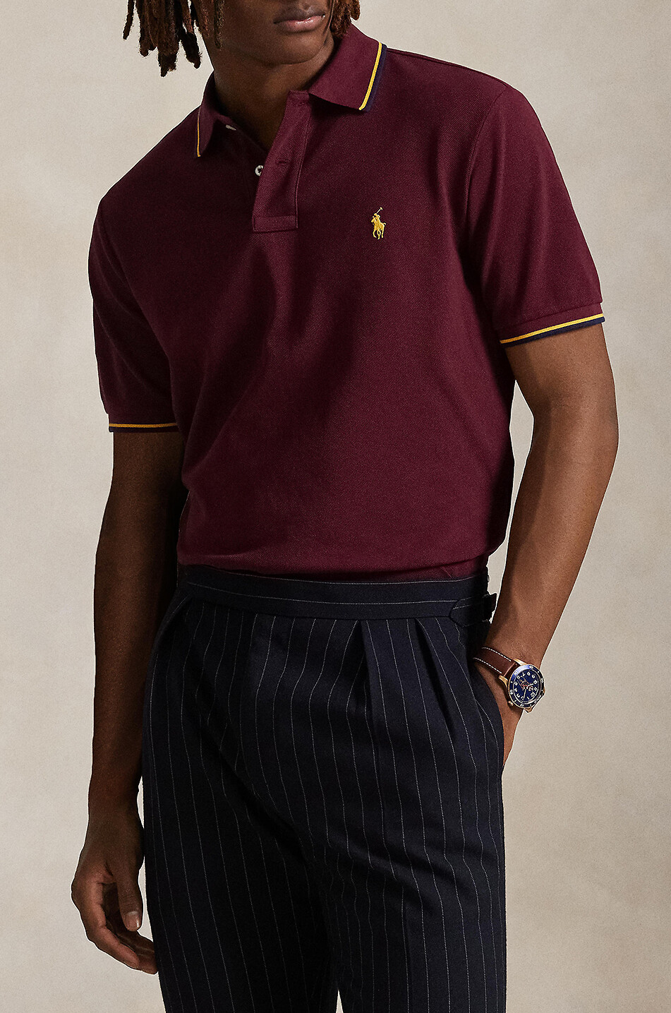 POLO RALPH LAUREN Custom Slim Pony contrast stripe short-sleeved polo shirt Men DARK RED 2