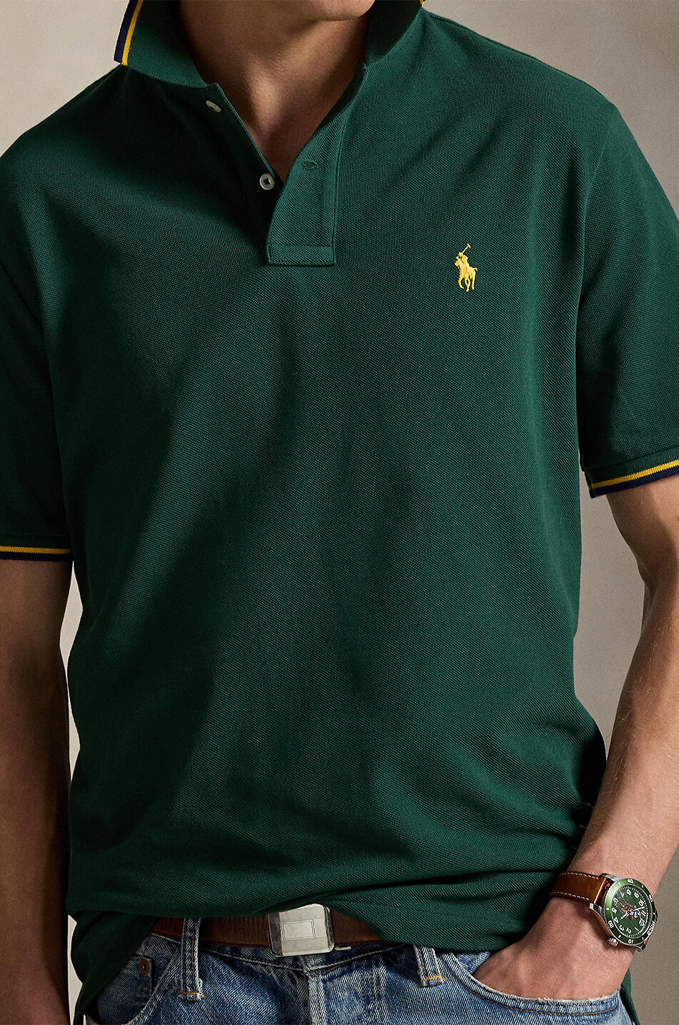POLO RALPH LAUREN Kurzarm-Polohemd mit Kontrast-Streifen Custom Slim Pony Herren GRÜN 5