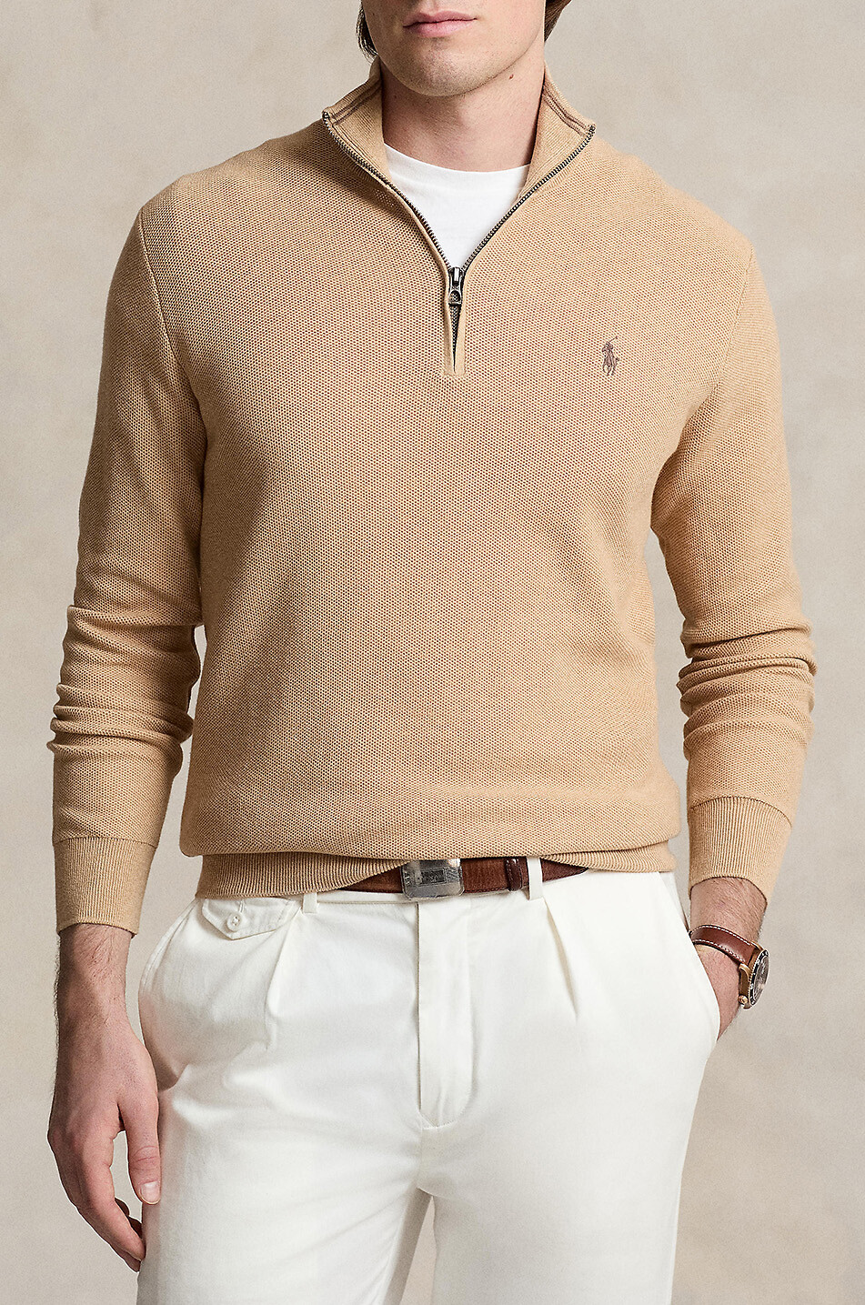 POLO RALPH LAUREN Pull en maille piquée à col montant zippé Pony Homme CAMEL 2