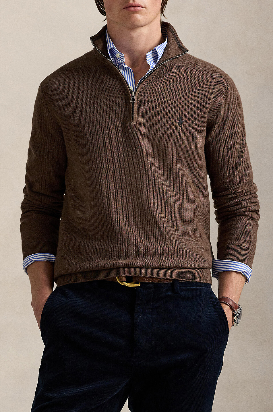 POLO RALPH LAUREN Pony piqué knit half-zip stand-up collar jumper Men BROWN 2