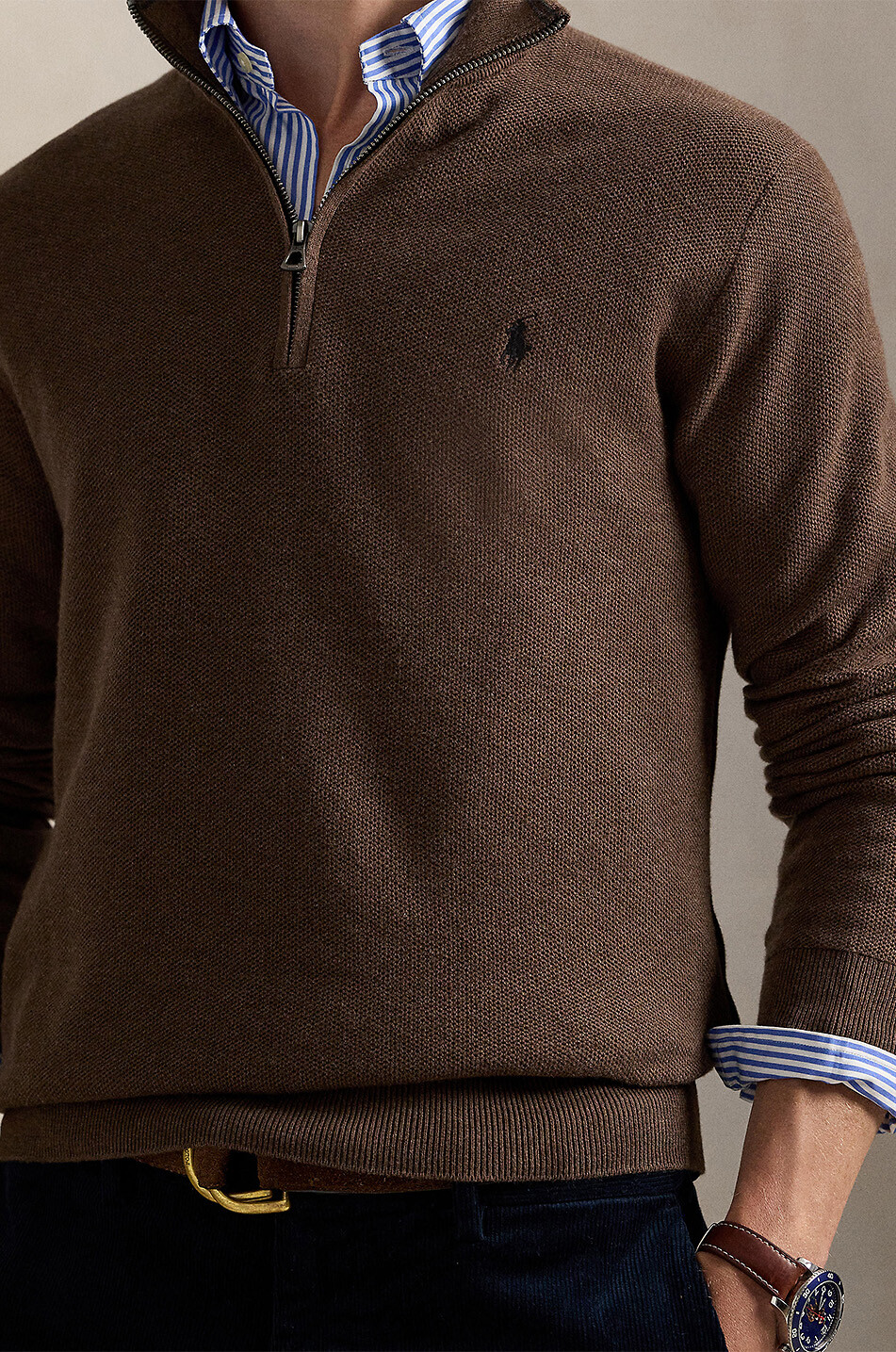 POLO RALPH LAUREN Pony piqué knit half-zip stand-up collar jumper Men BROWN 5