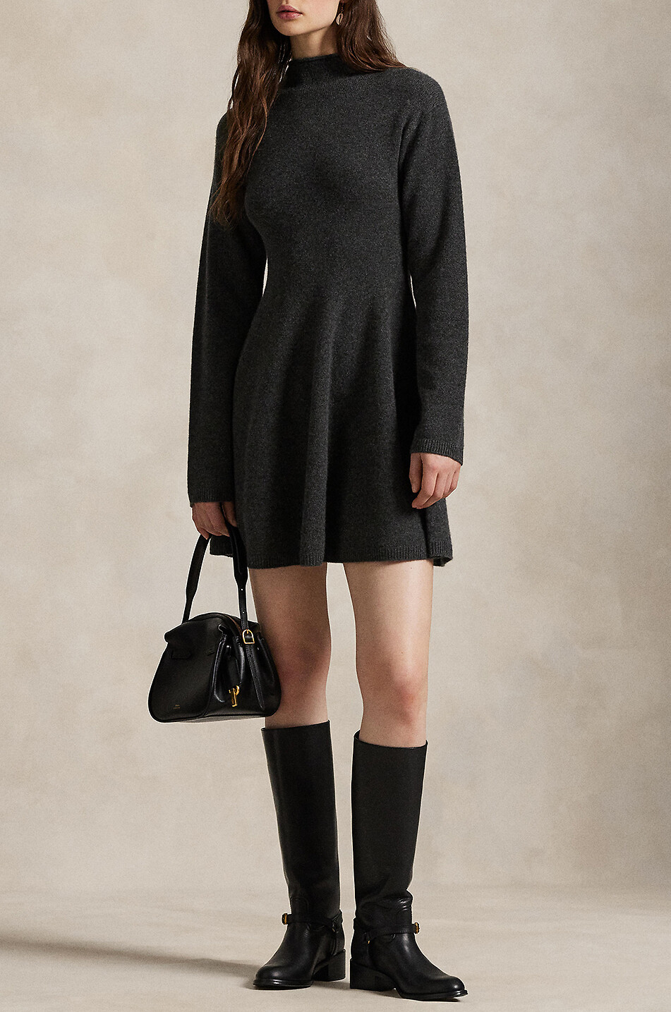 POLO RALPH LAUREN Funnel neck mini knit dress in cashmere Women DARK GREY 2