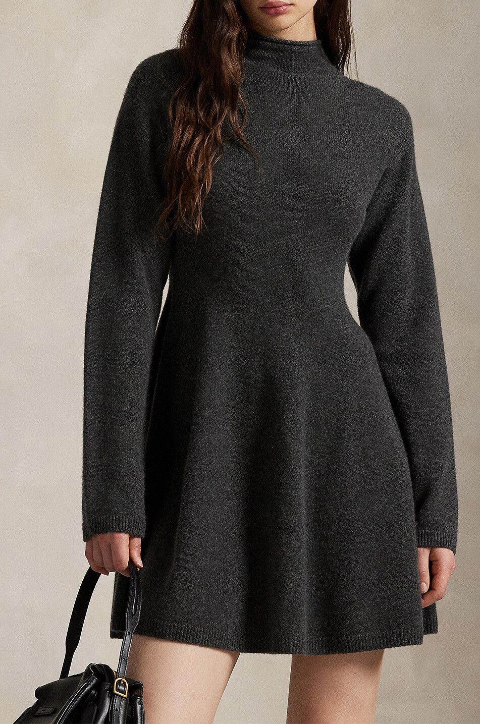 POLO RALPH LAUREN Funnel neck mini knit dress in cashmere Women DARK GREY 5