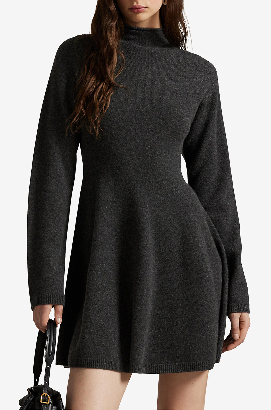 POLO RALPH LAUREN Funnel neck mini knit dress in cashmere Women DARK GREY 6