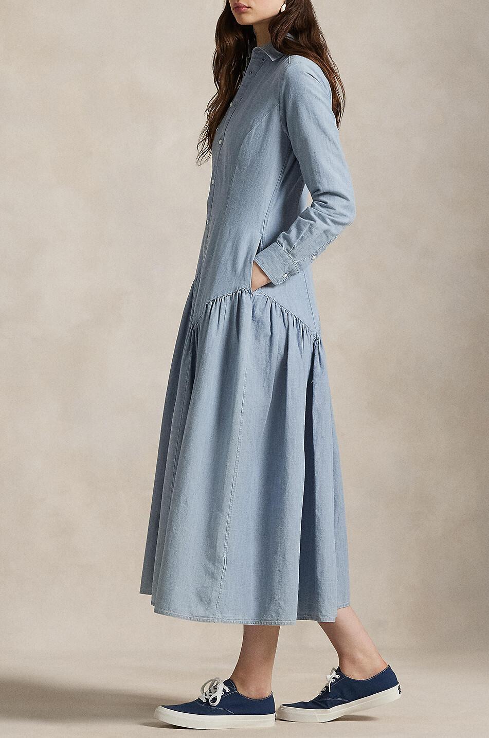 Long drop-waist chambray shirt dress