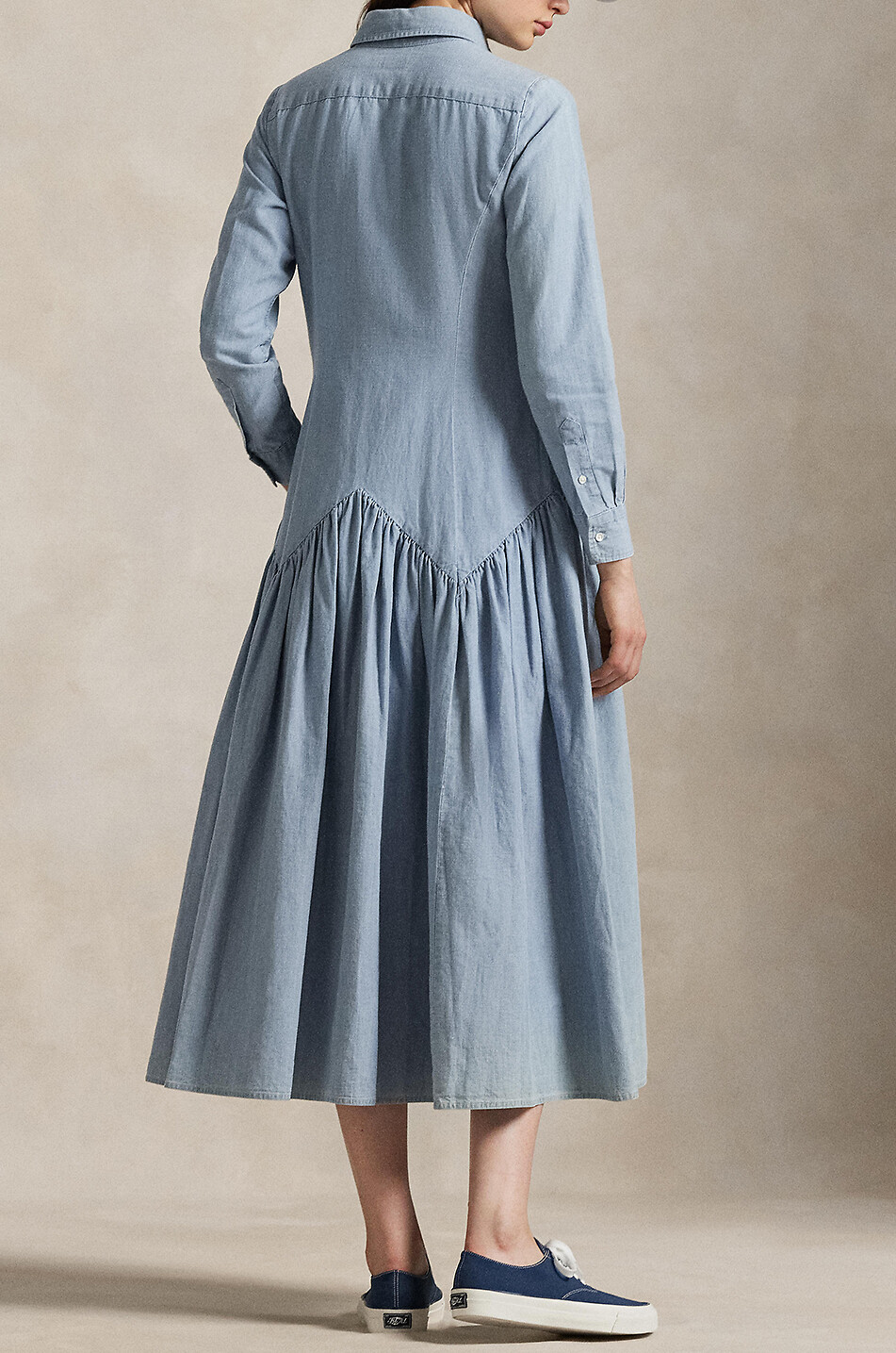 Long drop-waist chambray shirt dress
