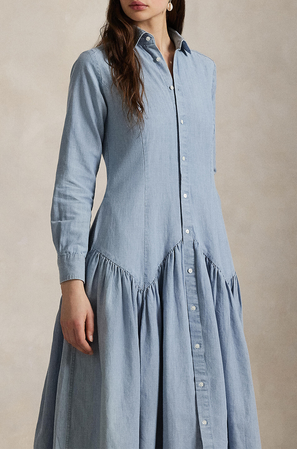 Long drop-waist chambray shirt dress