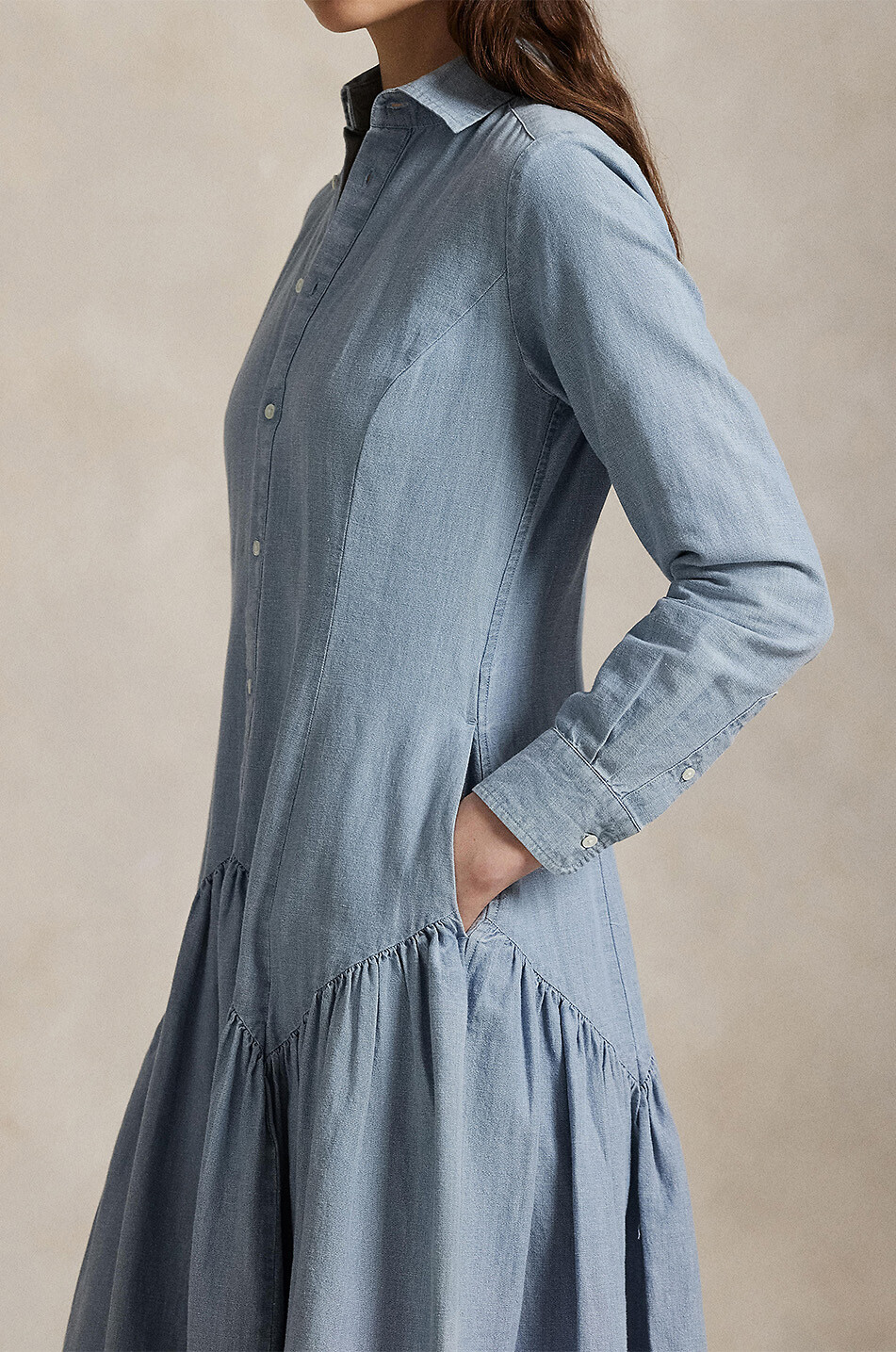 Long drop-waist chambray shirt dress