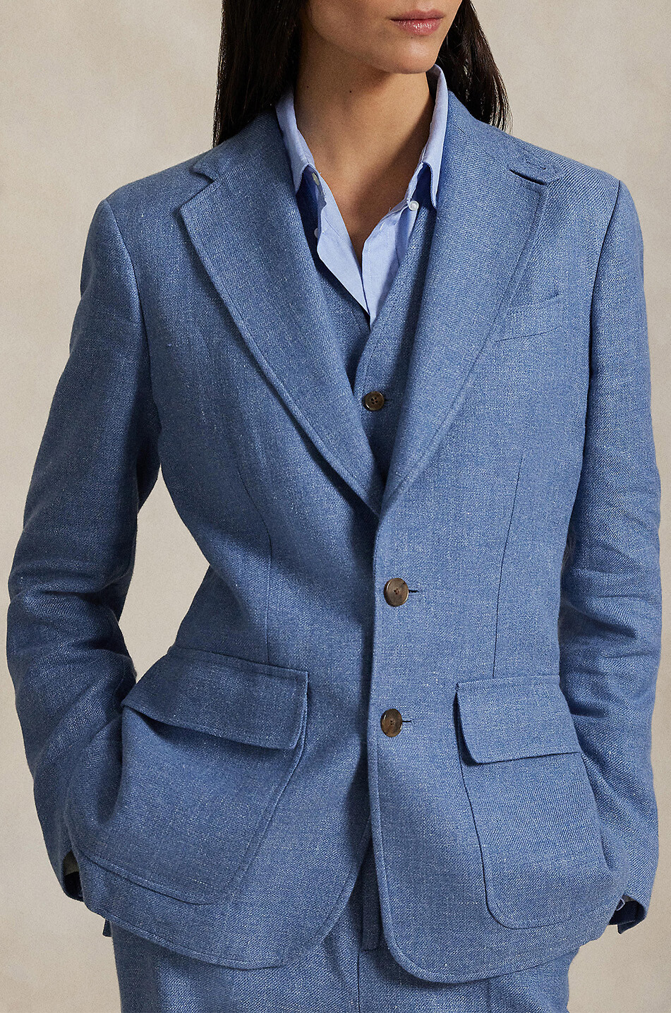 POLO RALPH LAUREN Einreihiger Baumwoll- und Leinentwill-Blazer Damen BLAU 2