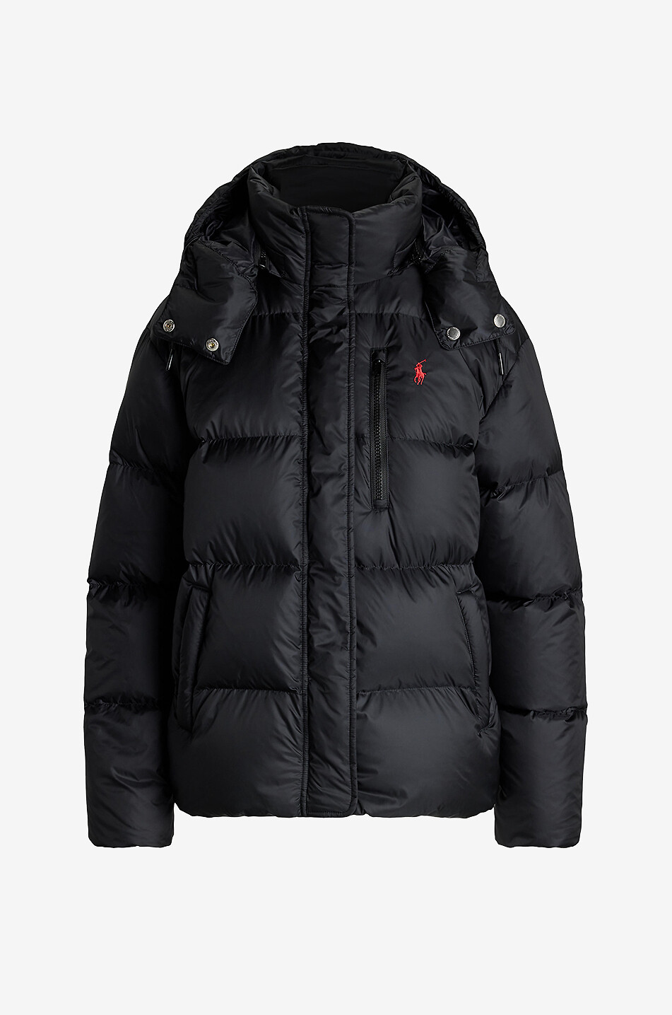 Wasserabweisende kurze Daunenjacke mit Kapuze Pony