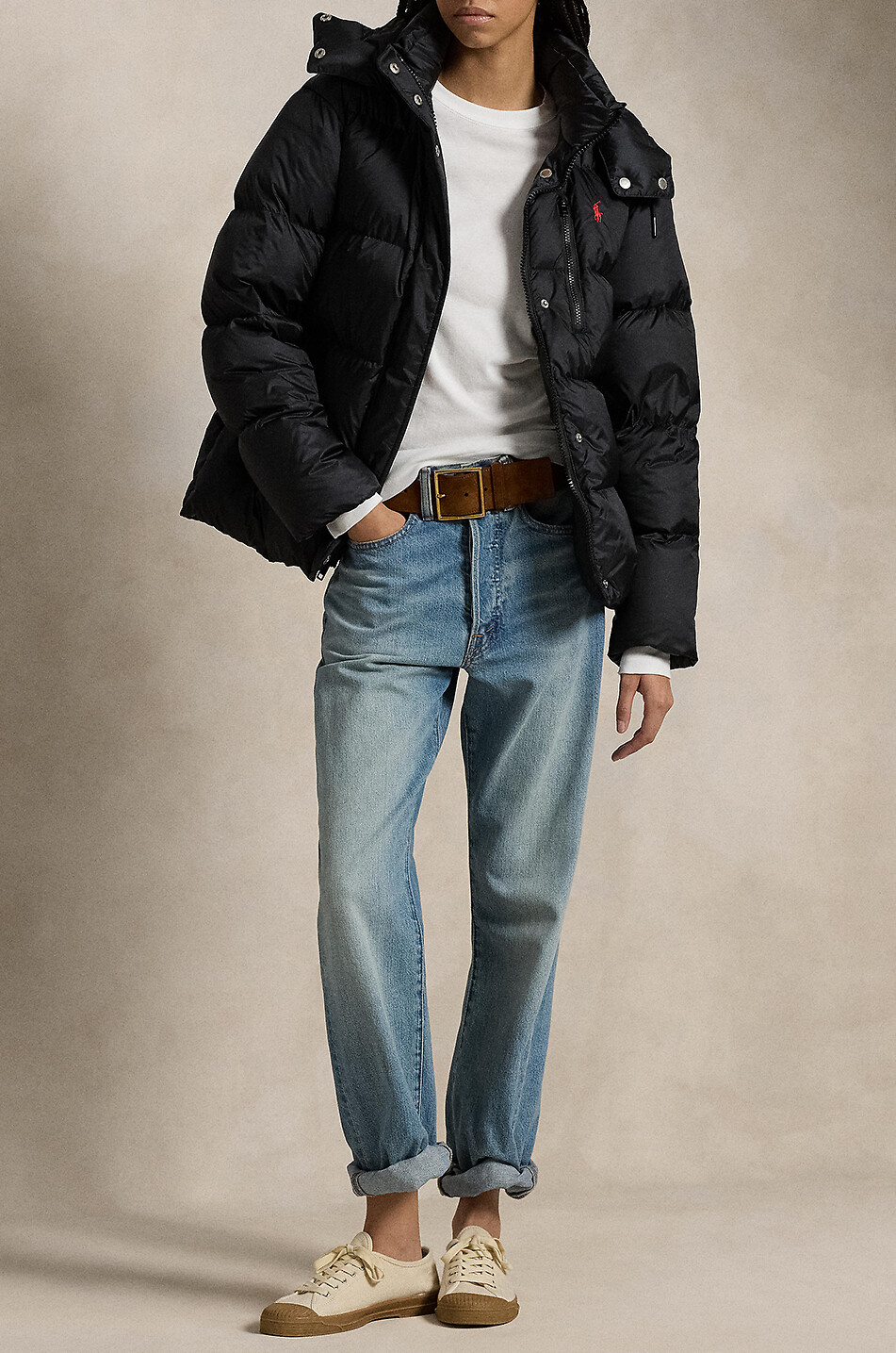 POLO RALPH LAUREN Wasserabweisende kurze Daunenjacke mit Kapuze Pony Damen SCHWARZ 4