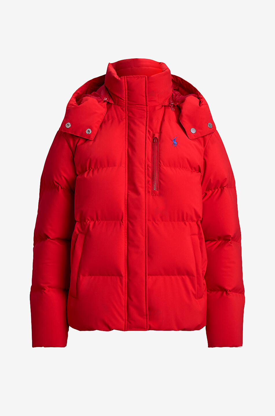 Wasserabweisende kurze Daunenjacke mit Kapuze Pony