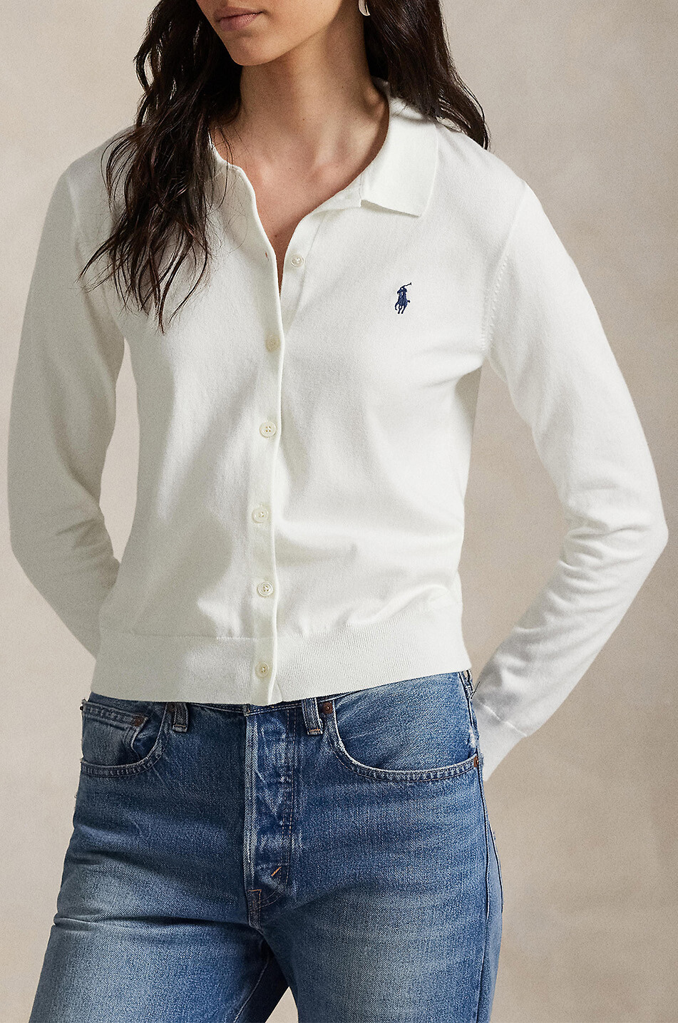 Cardigan fin en coton à col polo Pony