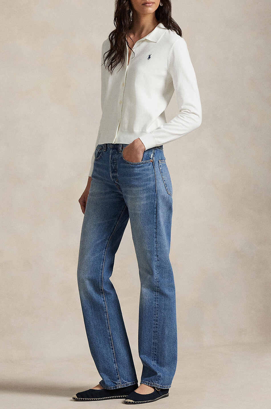 POLO RALPH LAUREN Cardigan fin en coton à col polo Pony Femme BLANC 4