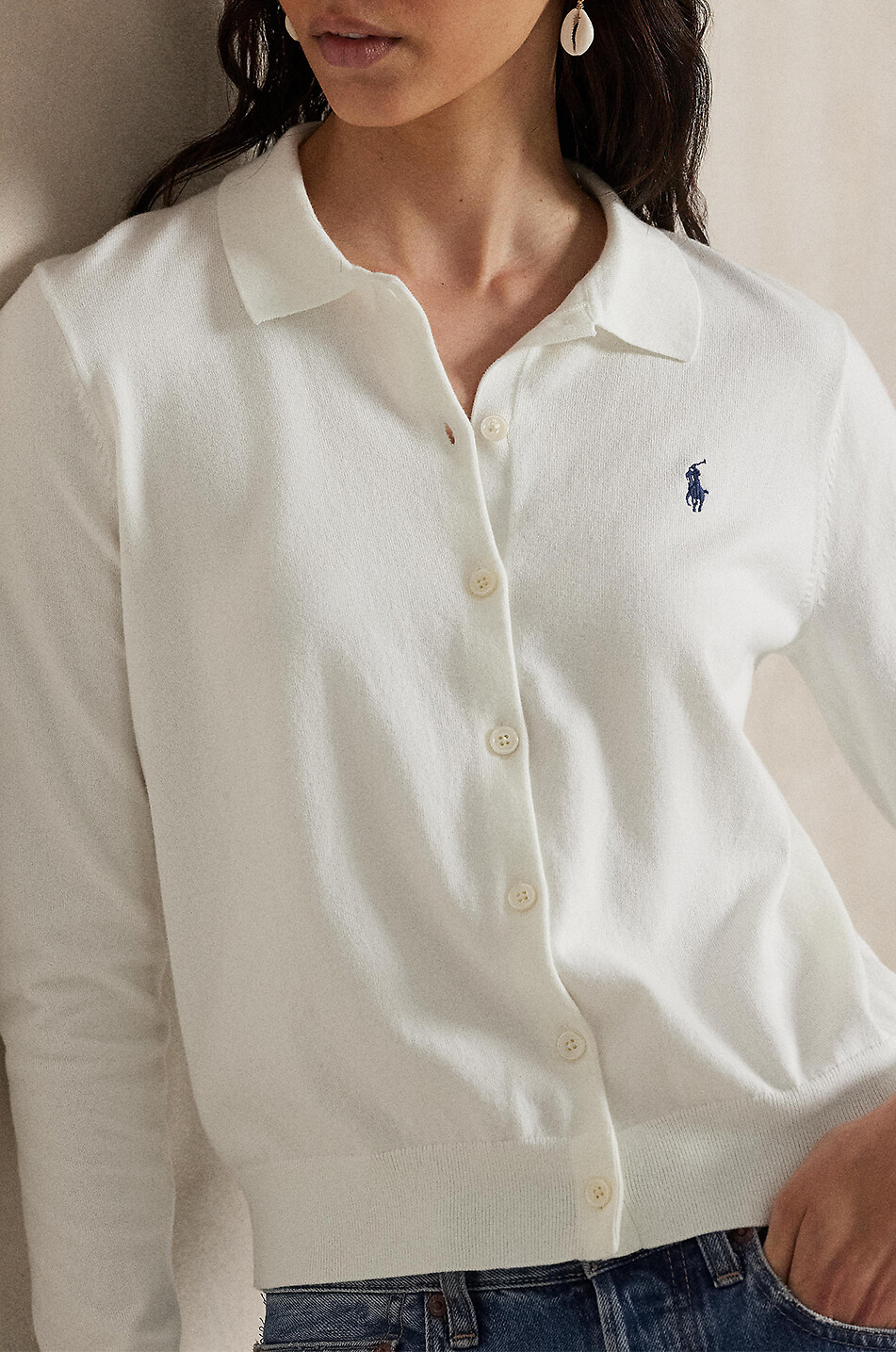 POLO RALPH LAUREN Cardigan fin en coton à col polo Pony Femme BLANC 5
