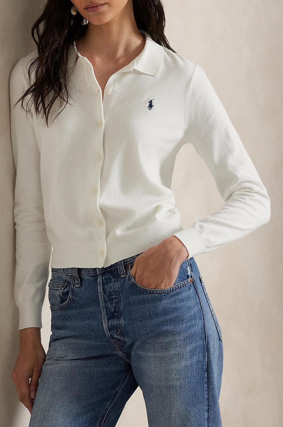 POLO RALPH LAUREN Cardigan fin en coton à col polo Pony Femme BLANC 6