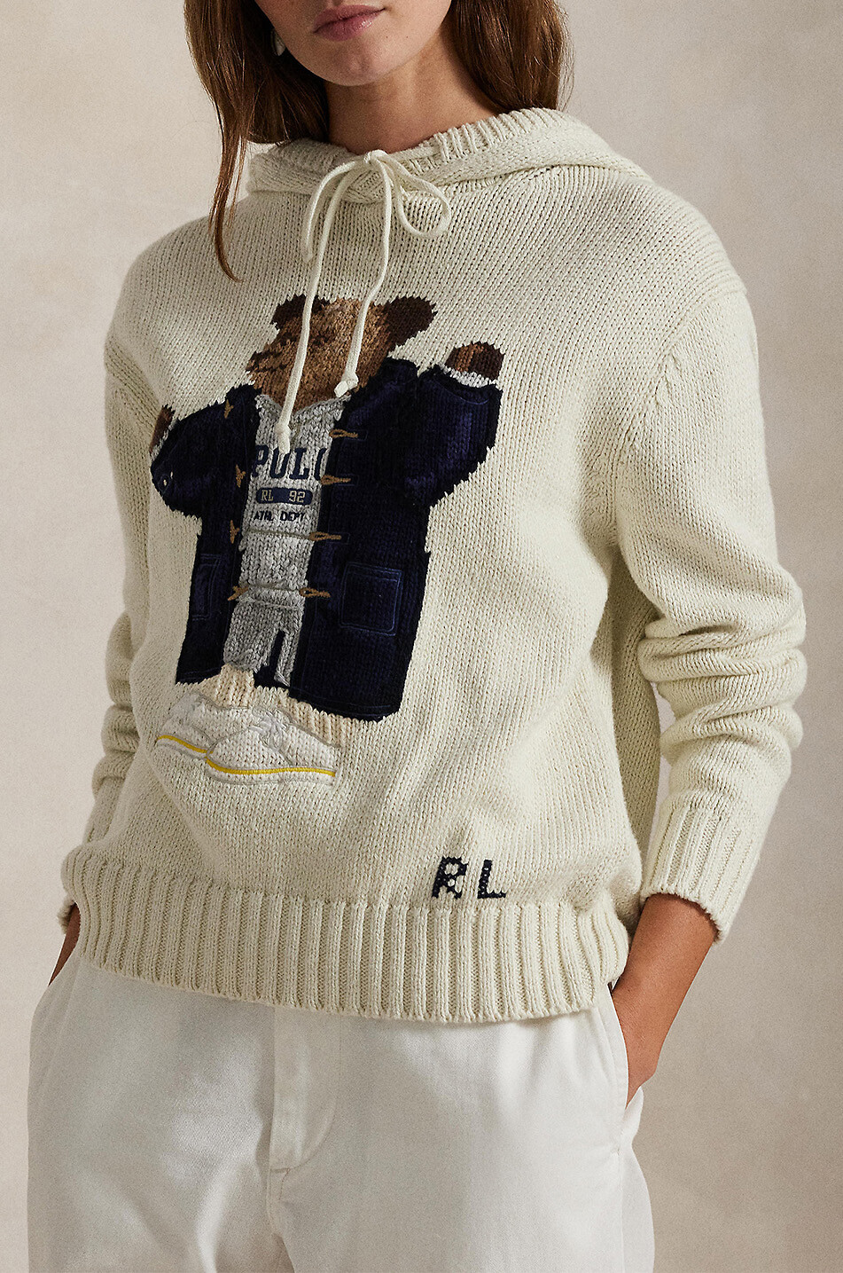 POLO RALPH LAUREN Pull à capuche en coton et lin Polo Bear Femme BLANC CASSE 2