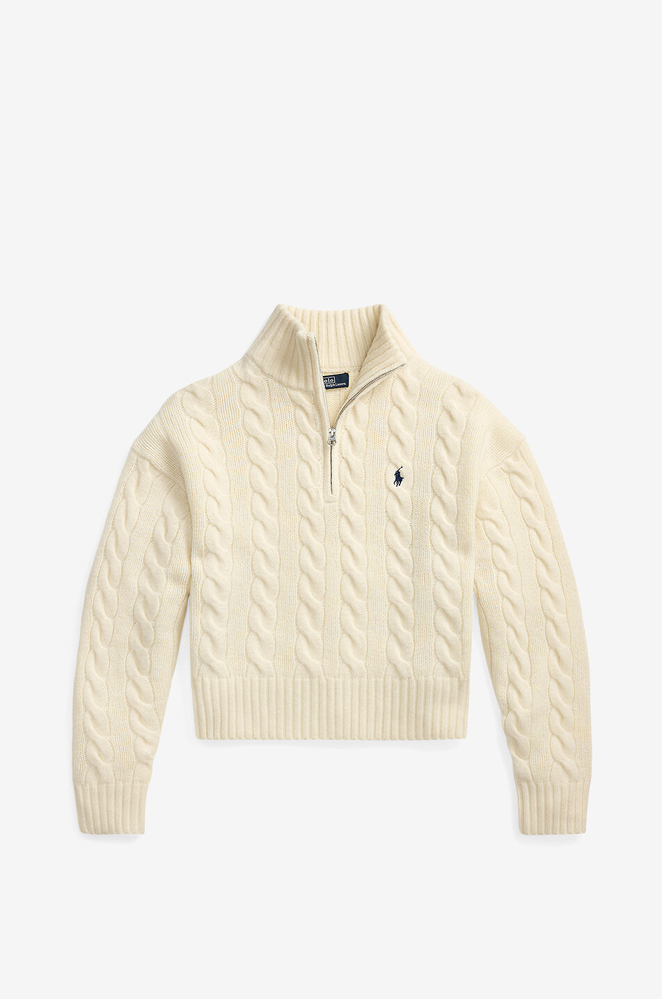 Zopfstrick-Woll- und Kaschmirpullover mit Stehkragen und Zip Pony