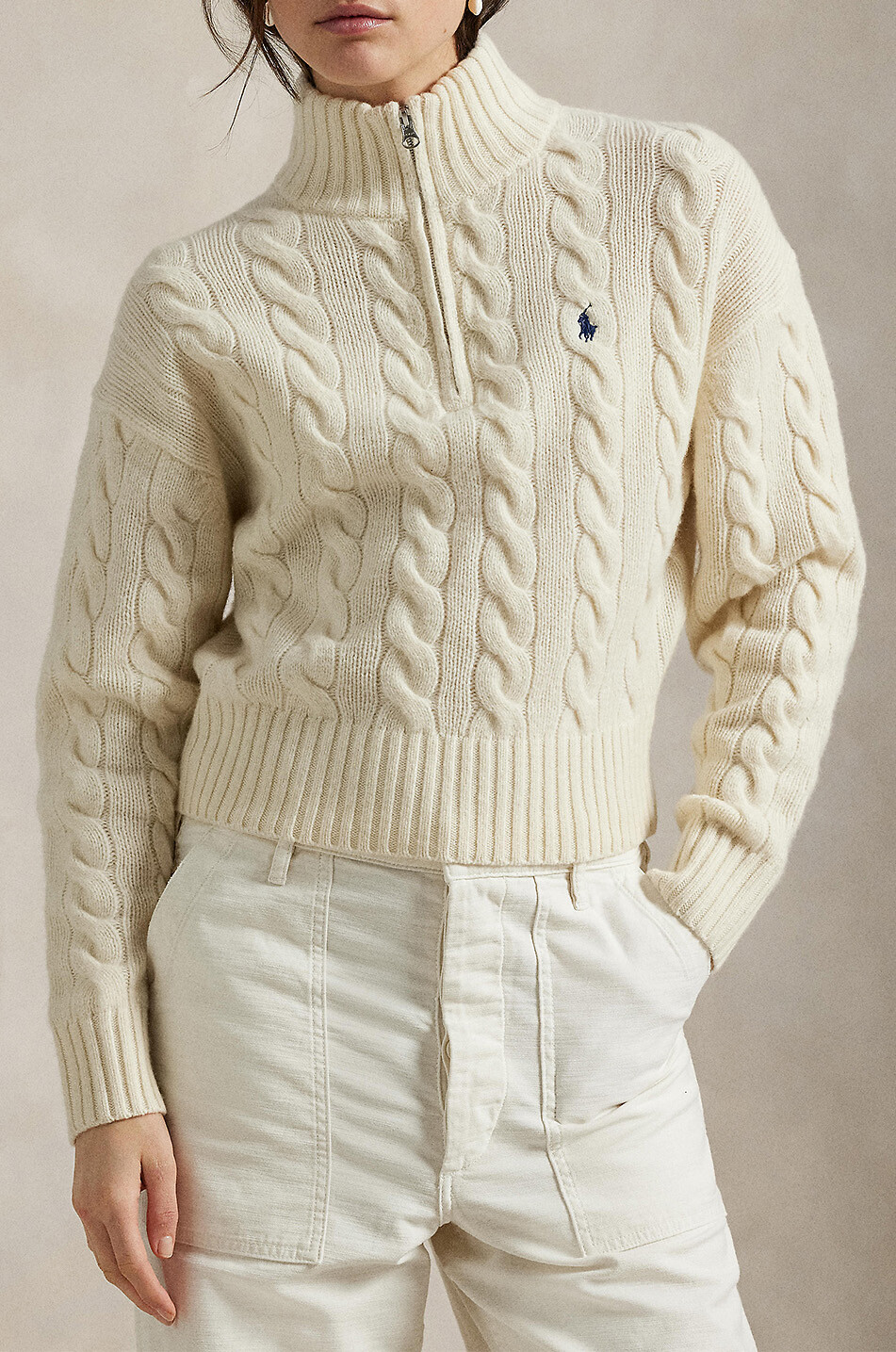 Zopfstrick-Woll- und Kaschmirpullover mit Stehkragen und Zip Pony