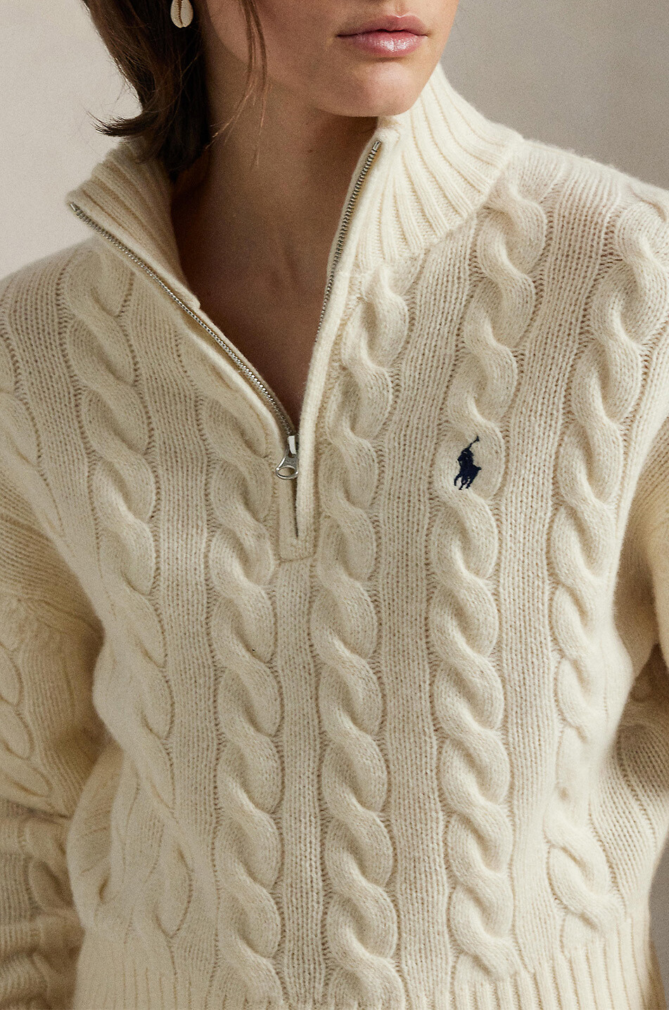 POLO RALPH LAUREN Zopfstrick-Woll- und Kaschmirpullover mit Stehkragen und Zip Pony Damen CREMEFARBEN 5