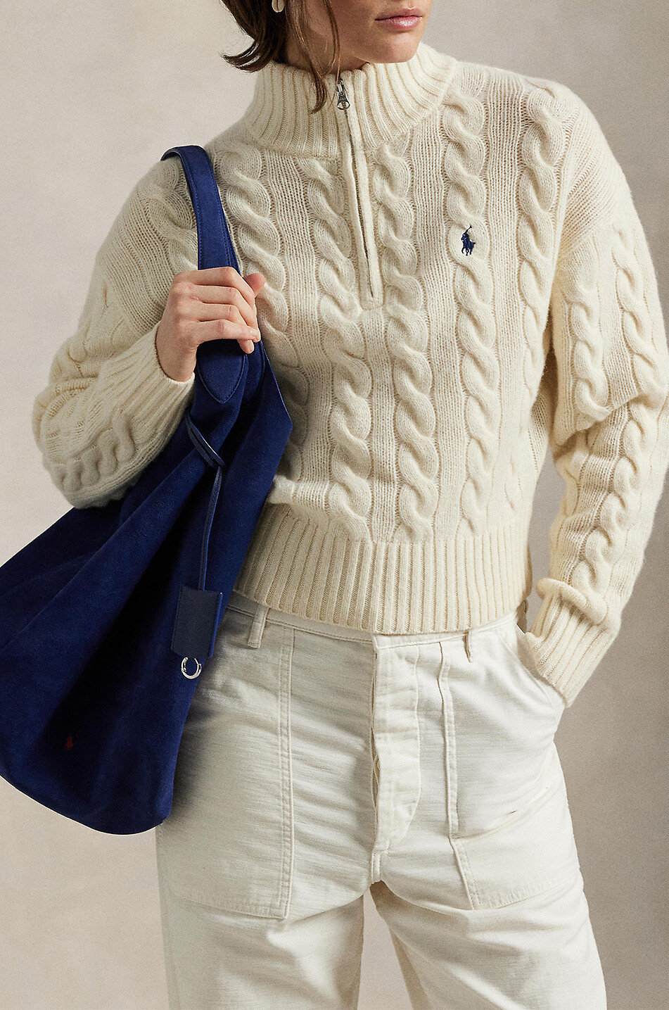 Zopfstrick-Woll- und Kaschmirpullover mit Stehkragen und Zip Pony