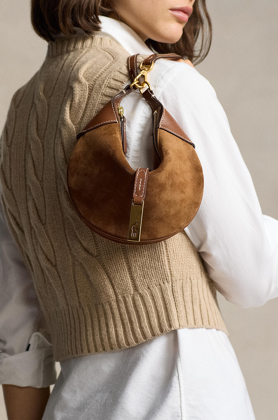 POLO RALPH LAUREN Schultertasche aus Wild- und Glattleder Polo ID Mini Damen KAMELFARBEN 4